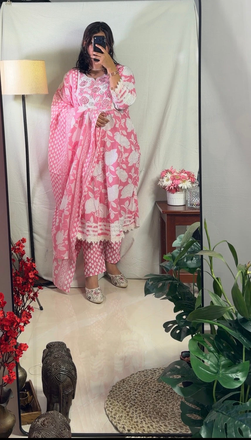 Blush Pink Floral Cotton Kurta Set with Dupatta