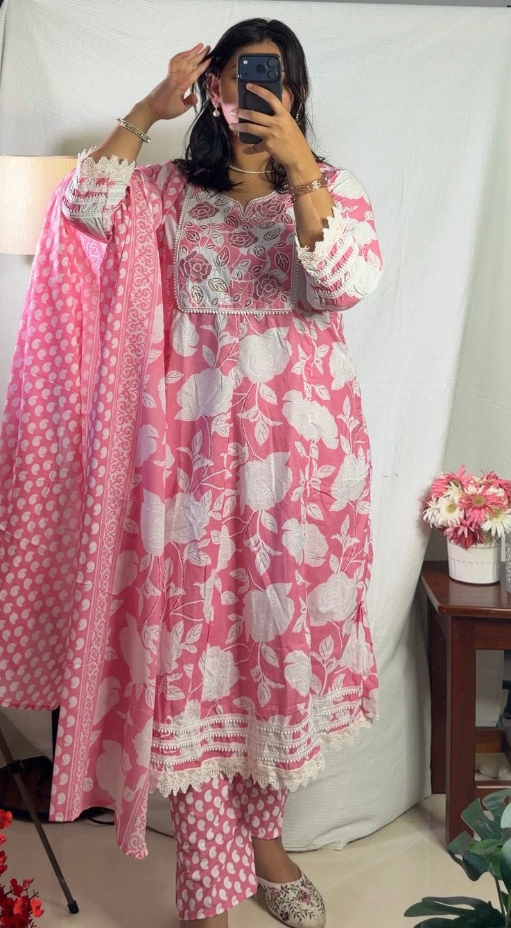 Blush Pink Floral Cotton Kurta Set with Dupatta