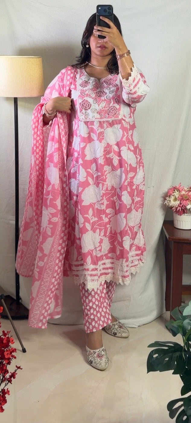 Blush Pink Floral Cotton Kurta Set with Dupatta