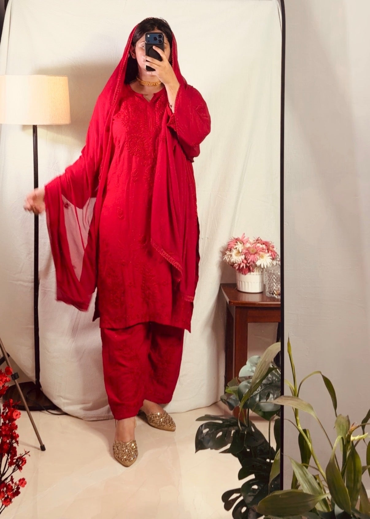 Red Chikankari Suit