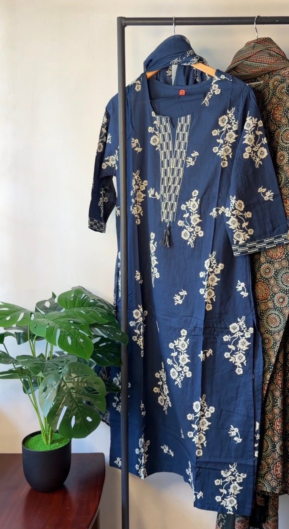 Navy Blue Floral Printed Cotton Kurta Set with Dupatta