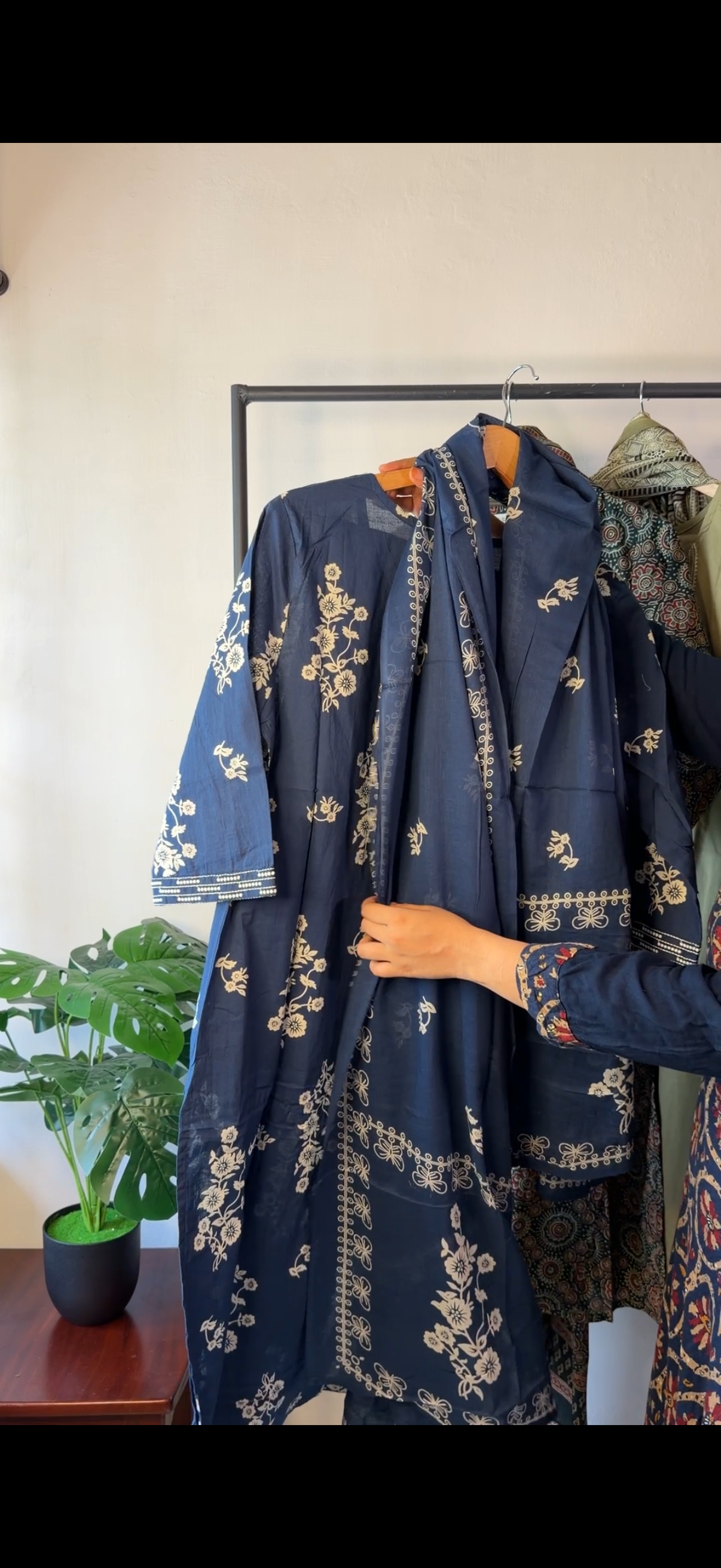 Navy Blue Floral Printed Cotton Kurta Set with Dupatta