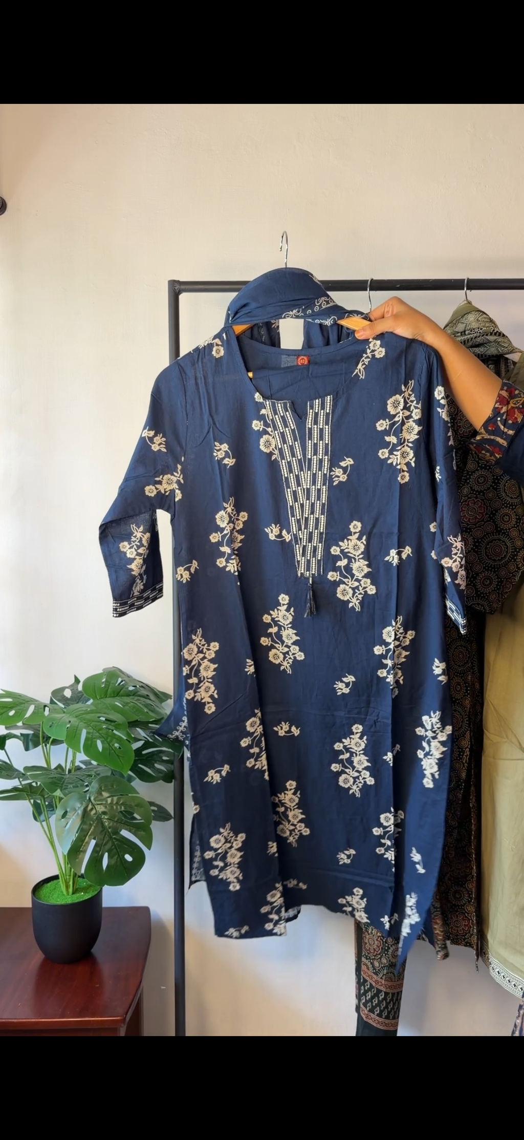 Navy Blue Floral Printed Cotton Kurta Set with Dupatta