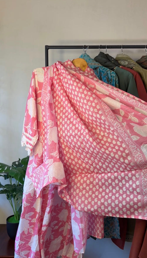 Blush Pink Floral Cotton Kurta Set with Dupatta