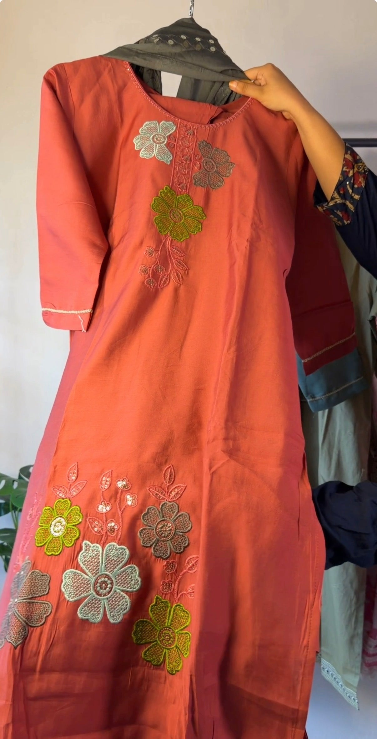 Embroidered Cotton Kurta Set with Ombre Dupatta