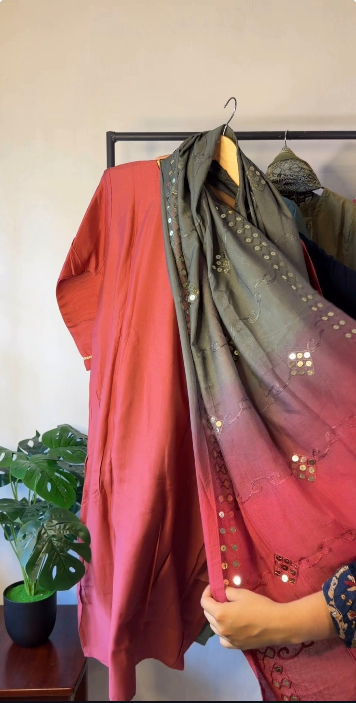 Embroidered Cotton Kurta Set with Ombre Dupatta