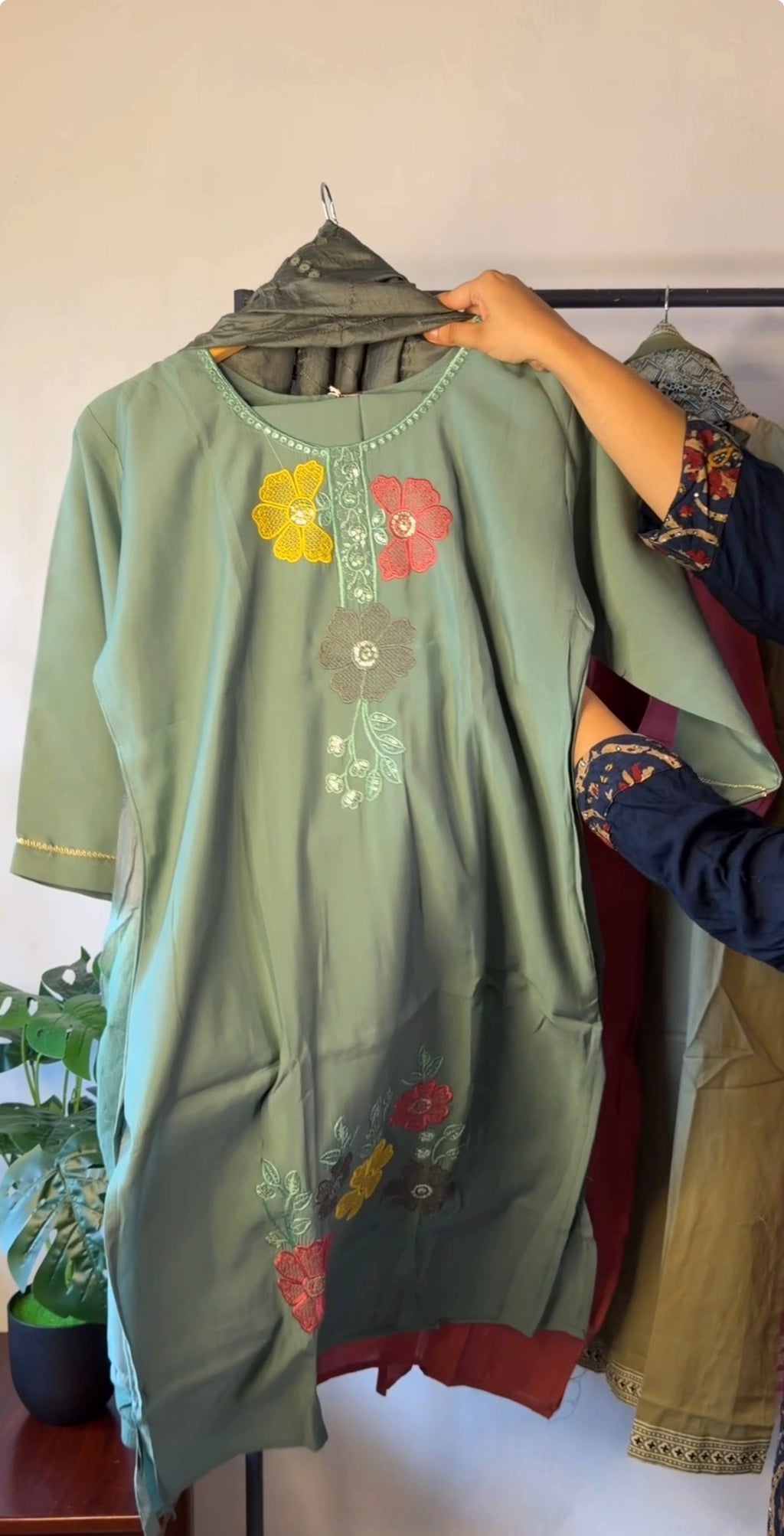 Embroidered Cotton Kurta Set with Ombre Dupatta